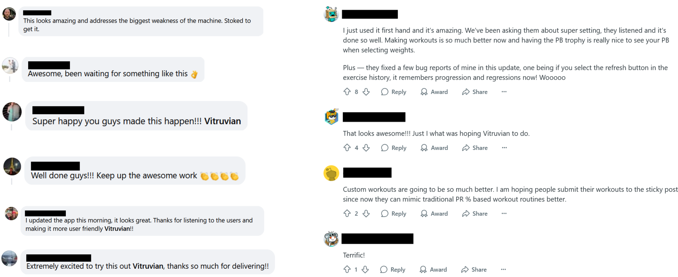 Happy social media comments about workout builder launch